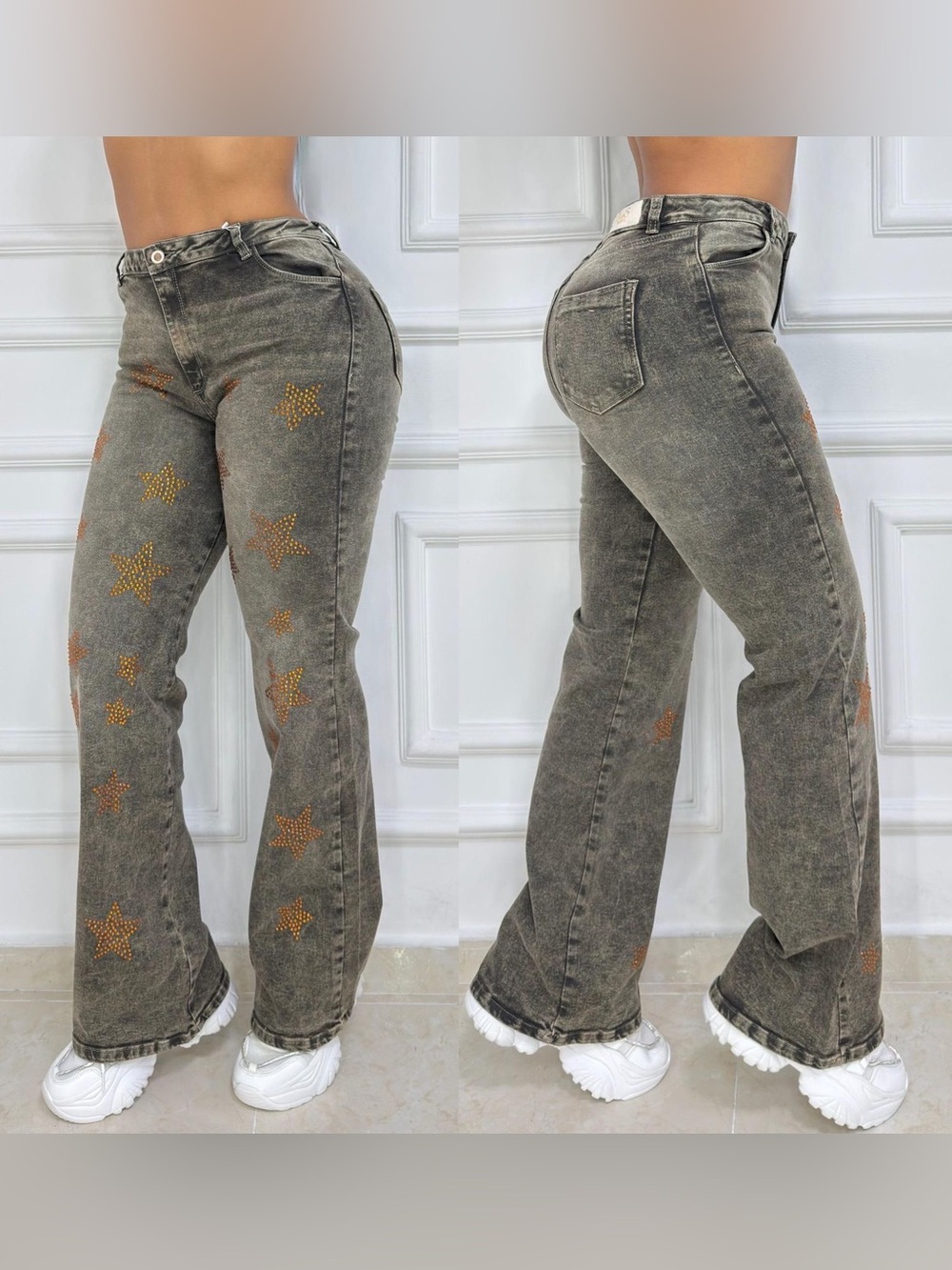 Women’s Studded Star High-Rise Flared Jeans - Olive Gray